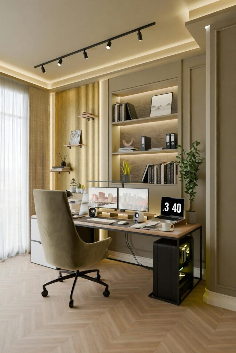Home office refresh ideas with cozy desk setup, warm lighting, and organized shelving