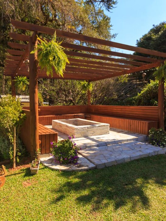 Backyard pergola with partial shade creating a cooler seating area when a backyard is too hot to sit outside