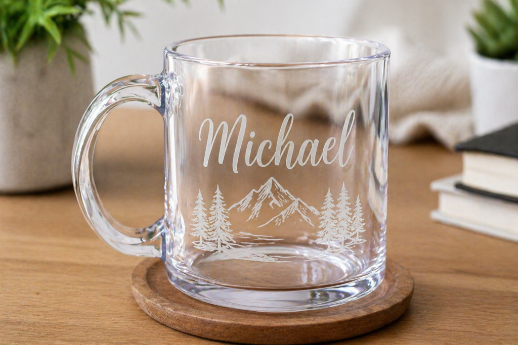 Personalized acrylic mugs with engraved name and mountain design displayed on a wooden coaster in a cozy setting