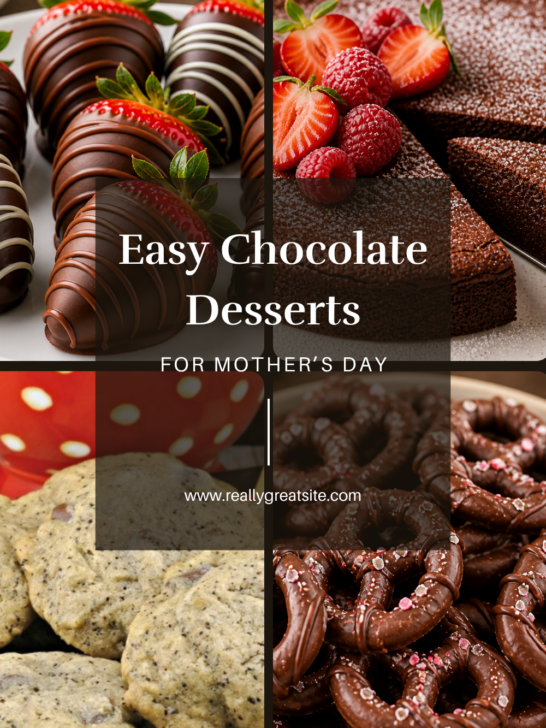 Easy chocolate Mother&rsquo;s Day desserts collage featuring chocolate-covered strawberries, flourless chocolate cake, cookies, and chocolate-dipped pretzels