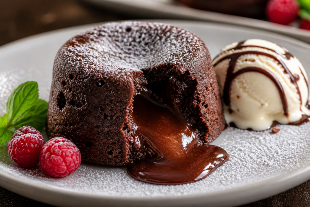 Easy chocolate Mother&rsquo;s Day desserts featuring a molten chocolate lava cake with gooey center served with vanilla ice cream