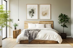 Neutral bedroom with light wood furniture, white bedding, indoor plants, and soft gray walls creating a calm and relaxing atmosphere.