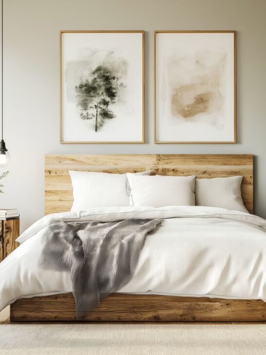 Neutral bedroom with light wood furniture, white bedding, indoor plants, and soft gray walls creating a calm and relaxing atmosphere.