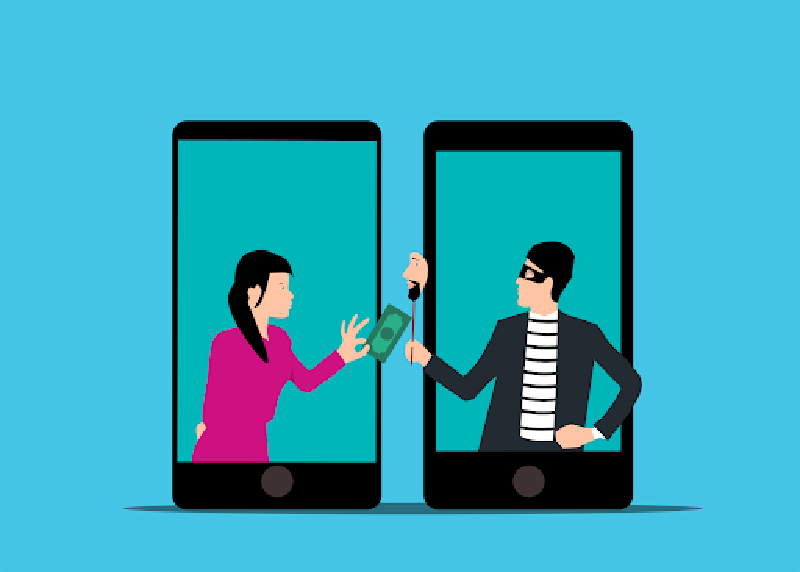 Illustration of an online scammer taking money from a victim through a mobile phone fraud scheme