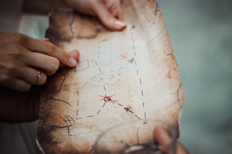 Backyard treasure hunt map with hands pointing to a marked route leading to hidden treasure.