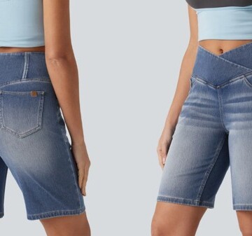 Close up of two women wearing high-waisted crossover denim shorts