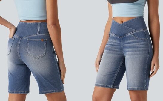 Close up of two women wearing high-waisted crossover denim shorts