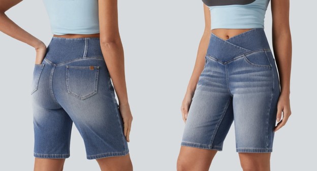 Close up of two women wearing high-waisted crossover denim shorts
