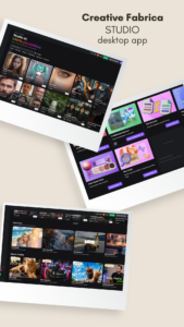 Creative Fabrica Studio Desktop interface showing AI-powered creative tools, including image editing, SVG creation, video tools, and design features for creators.