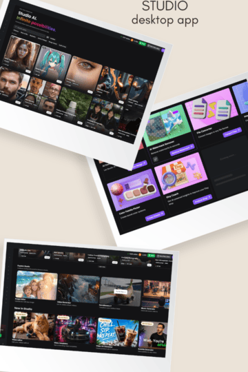 Creative Fabrica Studio Desktop interface showing AI-powered creative tools, including image editing, SVG creation, video tools, and design features for creators.