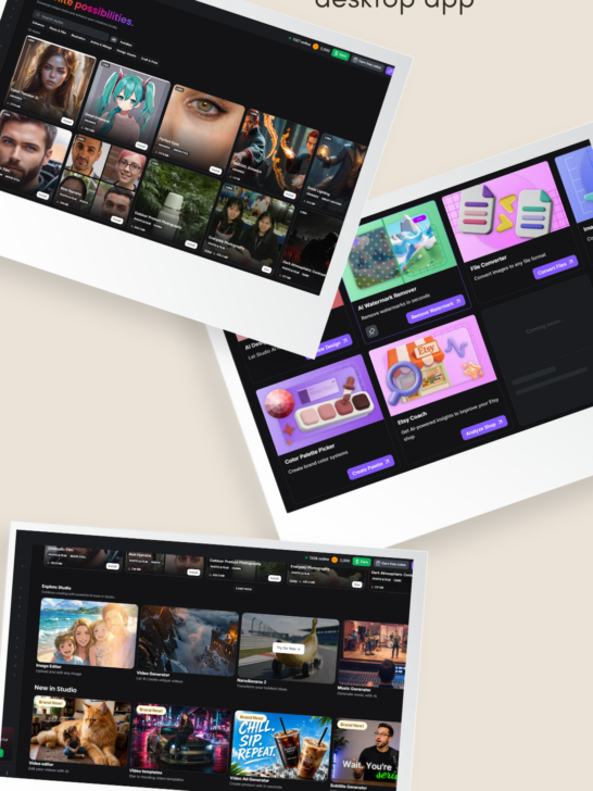 Creative Fabrica Studio Desktop interface showing AI-powered creative tools, including image editing, SVG creation, video tools, and design features for creators.
