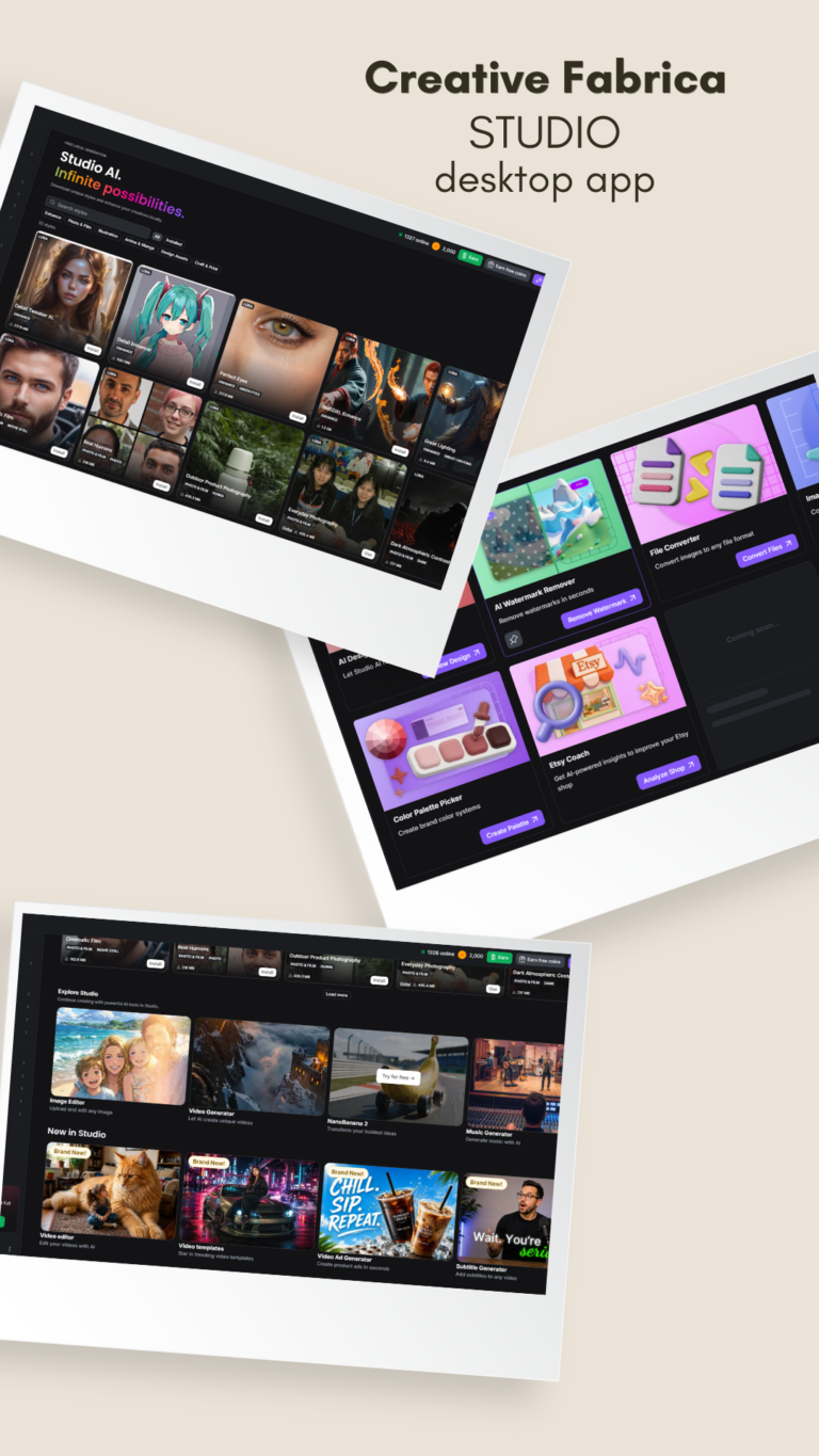 Creative Fabrica Studio Desktop interface showing AI-powered creative tools, including image editing, SVG creation, video tools, and design features for creators.