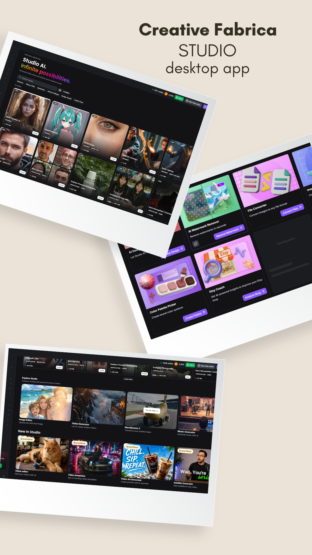 Creative Fabrica Studio Desktop interface showing AI-powered creative tools, including image editing, SVG creation, video tools, and design features for creators.