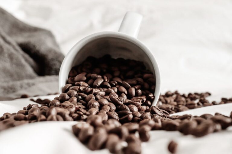 How to store coffee beans for maximum freshness with whole roasted coffee beans spilling from a white mug.