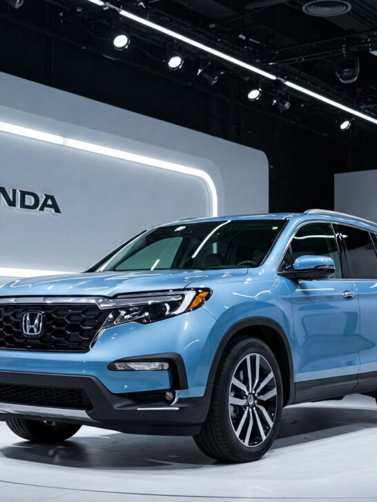 Blue Honda Pilot SUV displayed in a showroom, showcasing its modern design, bold front grille, and spacious family-friendly styling.