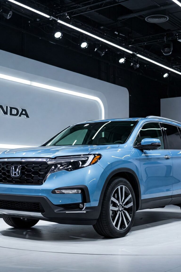 Blue Honda Pilot SUV displayed in a showroom, showcasing its modern design, bold front grille, and spacious family-friendly styling.