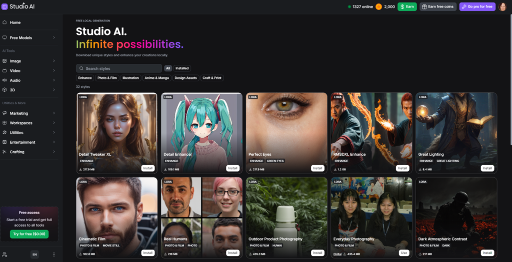 Home page of Studio desktop app
