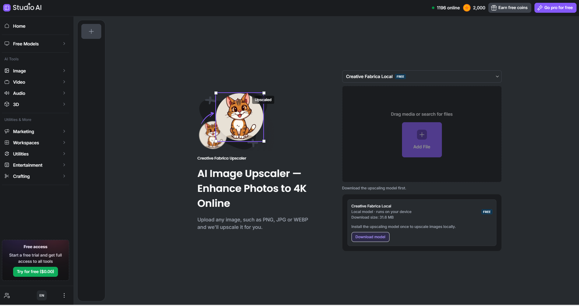 image upscaler tool in creative fabrica studio desktop app
