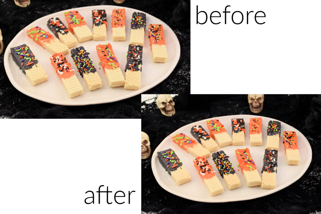 Before and after image of Halloween Sugar Wafers recipe om a white plate after using creative fabrica studio desktop app