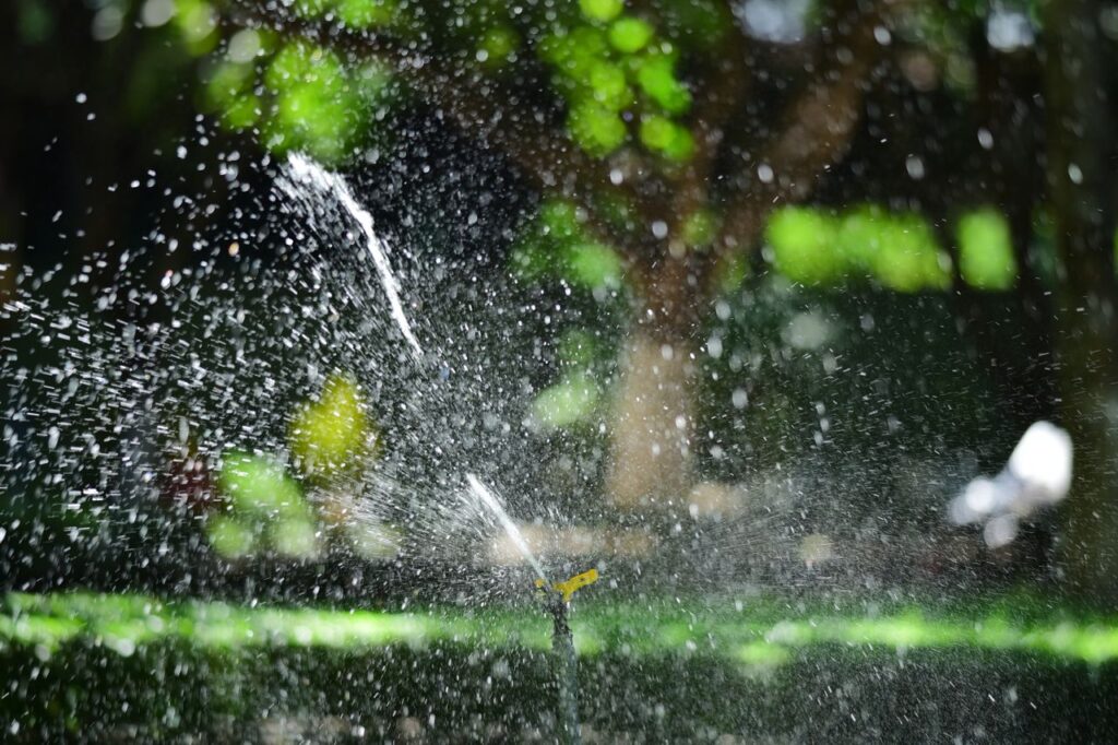 Sprinkler watering a lawn with an even spray pattern to keep grass healthy and prevent dry spots.