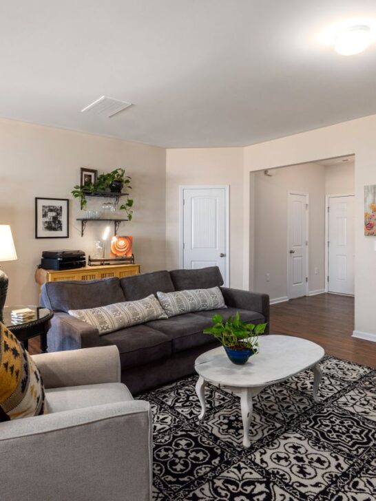 Bright living room with a sofa, accent chairs, and a round coffee table arranged to maximize space and improve traffic flow.