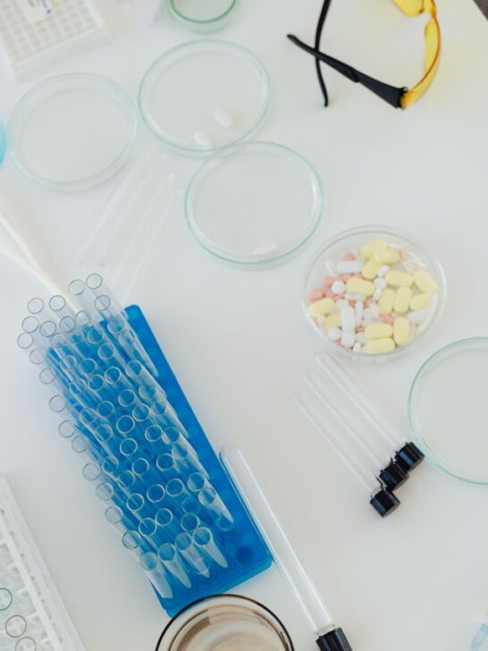 Laboratory equipment, test tubes, and sample containers used for employee drug screening and analysis.