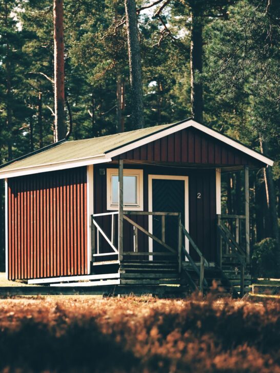 Livable sheds with simple residential designs, covered porches, and spacious outdoor settings