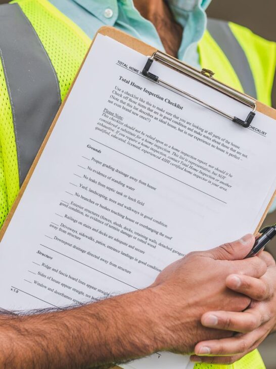 Home inspector holding a clipboard and pen while reviewing a renovation safety checklist.