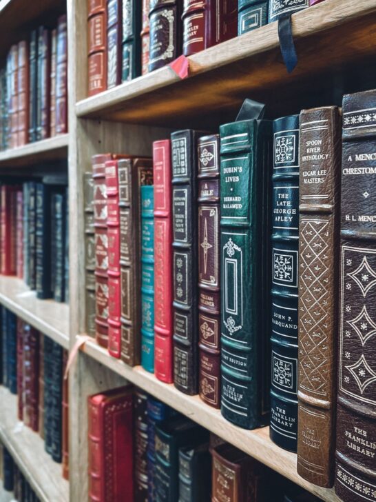 Leather-bound literature books with decorative spines on wooden shelves, illustrating resources for developing critical reading skills.