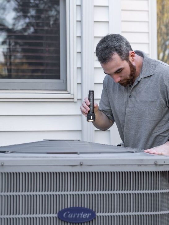 Man inspecting an outdoor unit with a flashlight during heat pump maintenance.